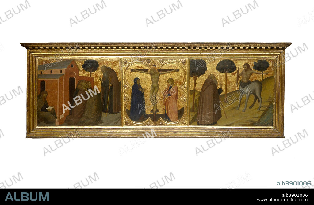 UNKNOWN ITALIAN. Saint Anthony Abbot Preaching; Christ on the Cross with the Virgin and Saint John; Saint Anthony Abbot and the Centaur. Date/Period: 1350/1400. Painting. Tempera and gold leaf on wood. Width: 109.7 cm. Height: 38.7 cm (with frame).