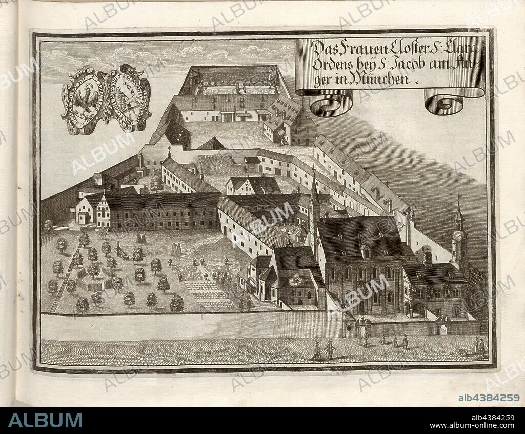 The Women's Cloister S. Clara Ordens at S. Jacob am Anger in Munich, St. Klara Monastery near St. Jakob am Anger in Munich (Germany), Fig. 21, p. 18, Wening, Michael (del. et sc.), 1701, Michael Wening: Historico-topographica descriptio. Das ist: Beschreibung, dess Churfürsten- und Hertzogthumbs Ober- und Nidern Bayrn, welches in vier Theil oder Rennt-Aembter, als Oberlands München und Burgkhausen, Underlands aber in Landshuet unnd Straubing abgetheilt ist [...]. Thail 1. München: bey Johann Lucas Straub, gem: lobl. Landtschafft Buchtruckern, anno M.DCCI. [1701].