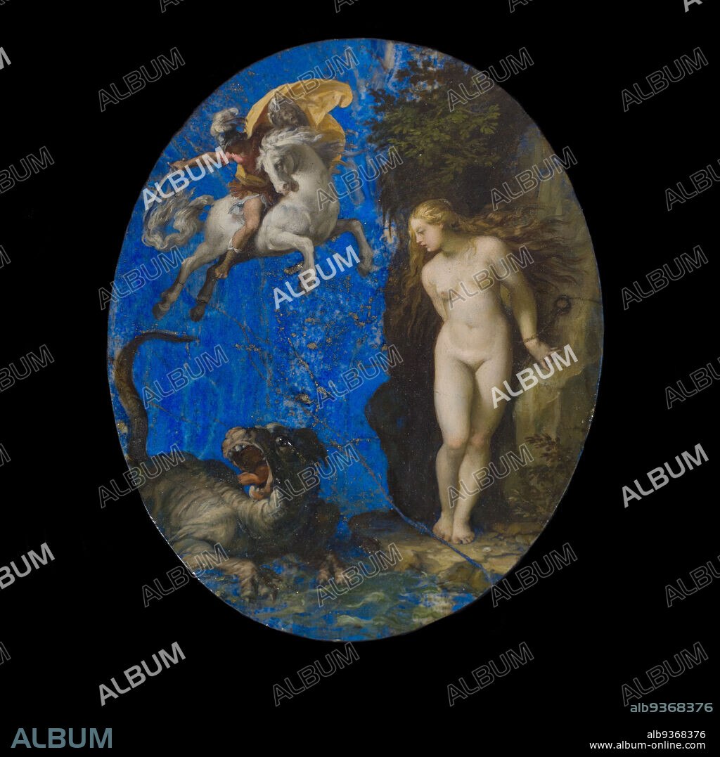 Perseus Rescuing Andromeda, Cavaliere D'Arpino (Giuseppe Cesari), Italian, 15681640, c.159394, Oil on lapis lazuli, Made in Rome, Lazio, Italy, Europe, Paintings, stone & mineral, 7 15/16 × 6 1/8 × 1/4 in. (20.2 × 15.6 × 0.7 cm).