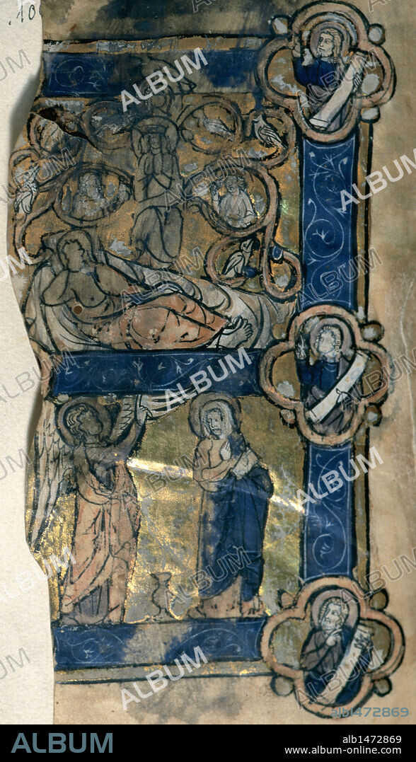 ARTE GOTICO. ESPAÑA. S. XIV. LIBRO DE HORAS. Miniatura que representa, en dos compartimentos, la "GENEALOGIA DE LA VIRGEN Y SU ASUNCION". Miniatura del folio IV rota verticalmente. Biblioteca de la Universidad de Barcelona. Cataluña.