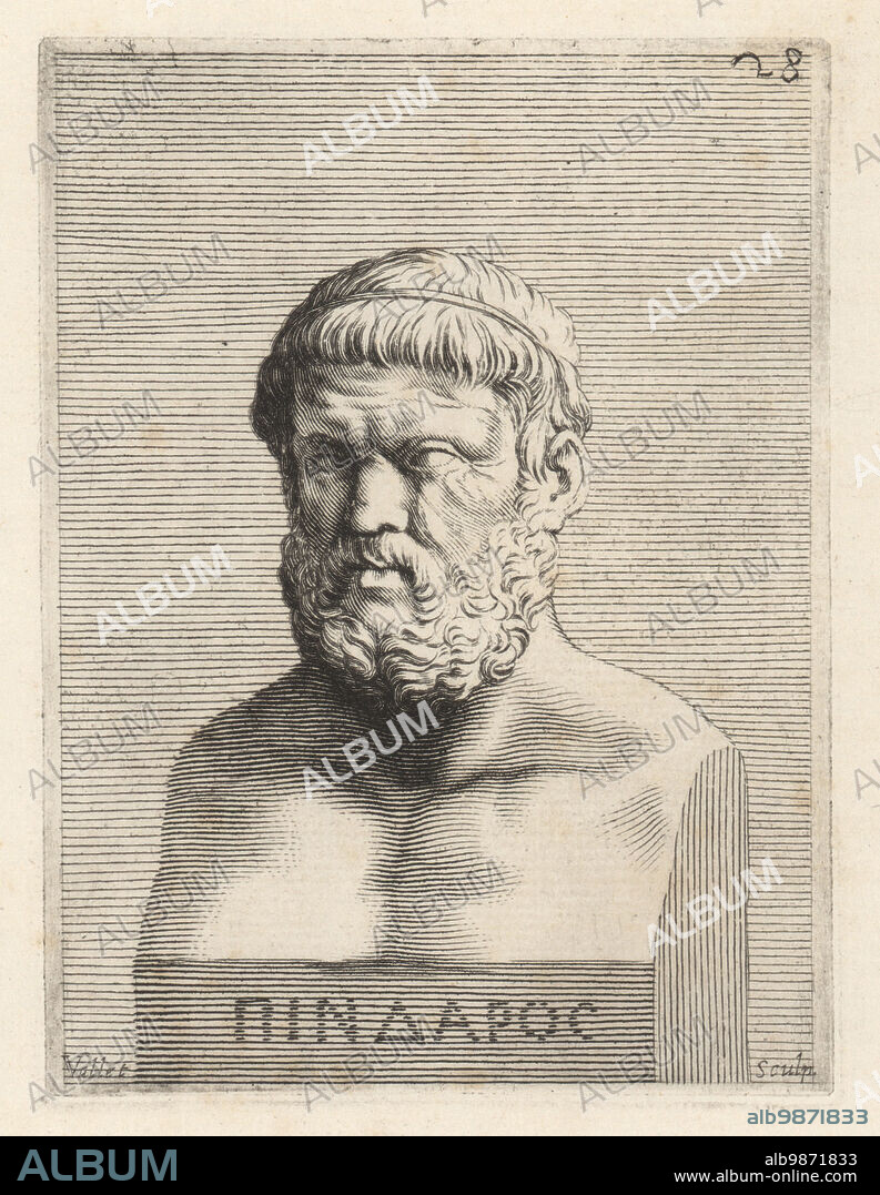 Pindar, c.518-438 BC, ancient Greek lyric poet from Thebes. One of the canonical nine lyric poets of ancient Greece. Marble bust of bearded man with hair band. Pindaro. Copperplate engraving by Guillaume Vallet after Giovanni Angelo Canini from Iconografia, cioe disegni d'imagini de famosissimi monarchi, regi, filososi, poeti ed oratori dell' Antichita, Drawings of images of famous monarchs, kings, philosophers, poets and orators of Antiquity, Ignatio deLazari, Rome, 1699.