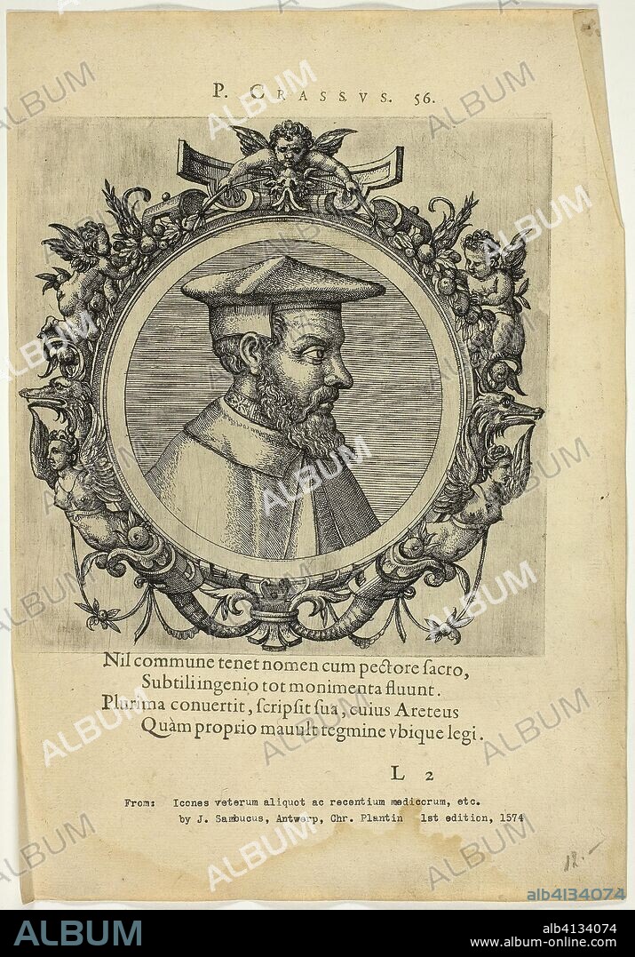 Portrait of P. Crassus. Unknown Artist (Flemish); written by Johannes Sambucus (Flemish, 1531-1584). Date: 1574. Dimensions: 188 × 187 mm (image); 312 × 215 mm (sheet). Etching, with engraving, on cream laid paper. Origin: Flanders.