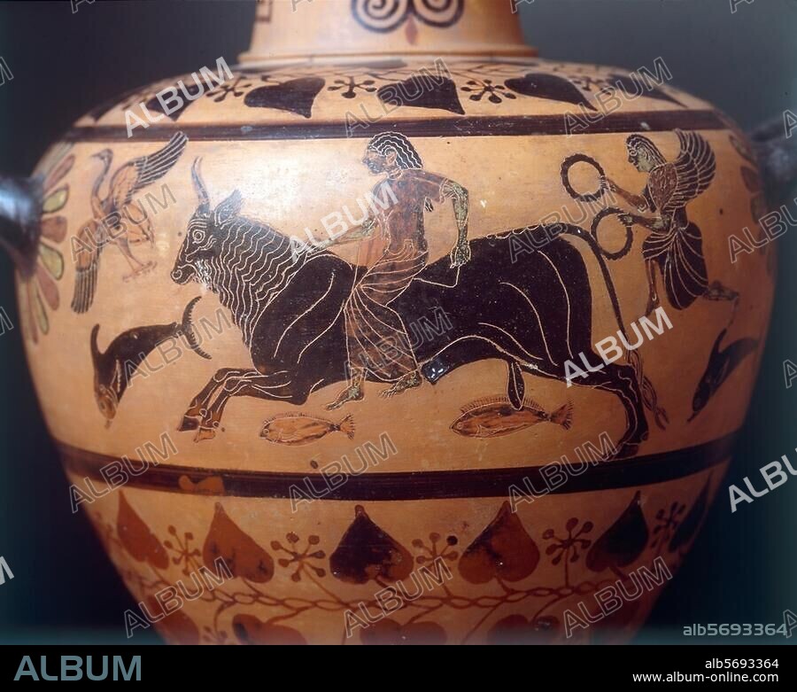 Vase painting, Etruscan, black-figure, 2nd half of the 6th century BC. Rape of Europa. (Zeus in disguise of a bull abducts princess Europa). Hydria. From: presumably Caere - Cerveteri. Rome, Museo Nazionale di Villa Giulia.
