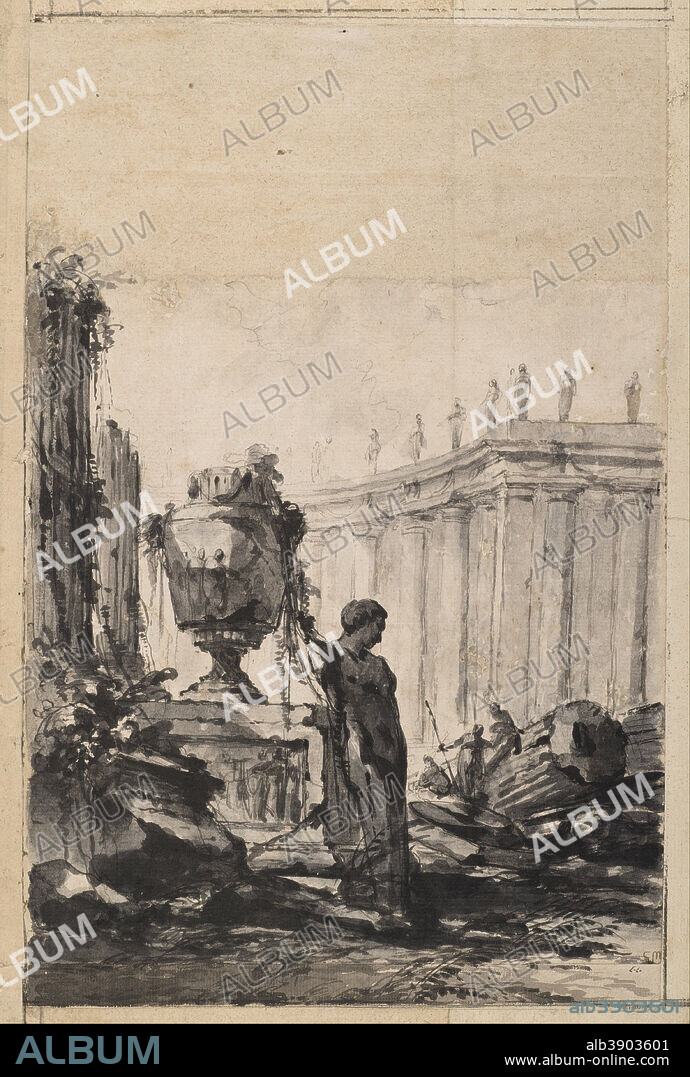 LOUIS-JOSEPH LE LORRAIN. Architectural Fantasy with Vase, Herm, and Colonnade. Date/Period: Mid-18th century. Drawing. Brush and gray wash, black chalk on paper with additions across upper and lower margin, lined with cardboard and border of blue paper.