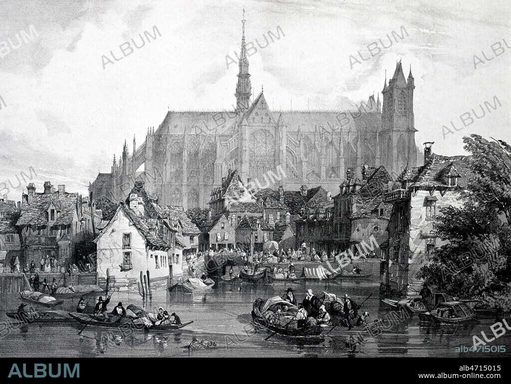 Vue de la cathedrale d'AMIENS, en Picardie. Lithographie tiree de l'ouvrage de TAYLOR et NODIER 'Voyages pittoresques et romantiques dans l'ancienne France', publie vers 1830. Villes et villages de Picardie au 19eme siecle. Credit : Collection JEAN VIGNE / Kharbine-Tapabor.