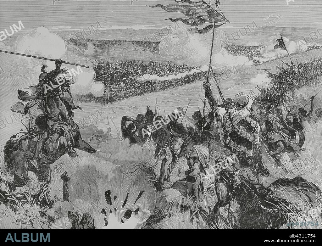 Africa. Guerra Mahdista (1881-1899). Guerra colonial británica. Enfrentó a seguidores del lider religioso sudanés Muhammad Ahmad Bin Abd Allah, y las fuerzas del Jedivato de Egipto y más tarde fuerzas británicas. La Catástrofe del Sudán. Expedición de Kicks (tropas egipcias). El 3 y 4 de noviembre de 1883 el ejército mahdista de "Mahdi" aniquiló al ejército de Hicks. Batalla de Assalia. Desfiladeros de Khasgate. Grabado por Tomás Carlos Capuz (1834-1899). La Ilustración Española y Americana, 8 de diciembre de 1883.
