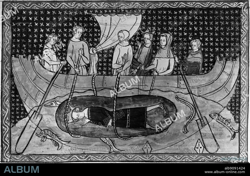 Alexander being lowered into the sea in a glass bell. It is said that Alexander the Great was lowered into the sea in a sealed cask because he wanted to see the seabed.