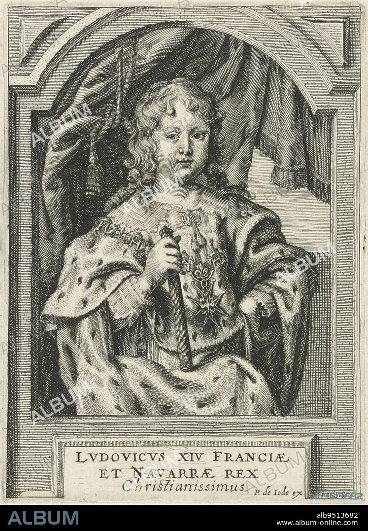 Portrait of Louis XIV, Prince of France, at a young age. In the margin his name and position, Portrait of Louis XIV, print maker: Petrus Rucholle, (mentioned on object), after: Hyacinthe Rigaud, (mentioned on object), publisher: Pieter de Jode (II), (mentioned on object), Antwerp, 1643 - 1647, paper, engraving, h 152 mm × w 111 mm.