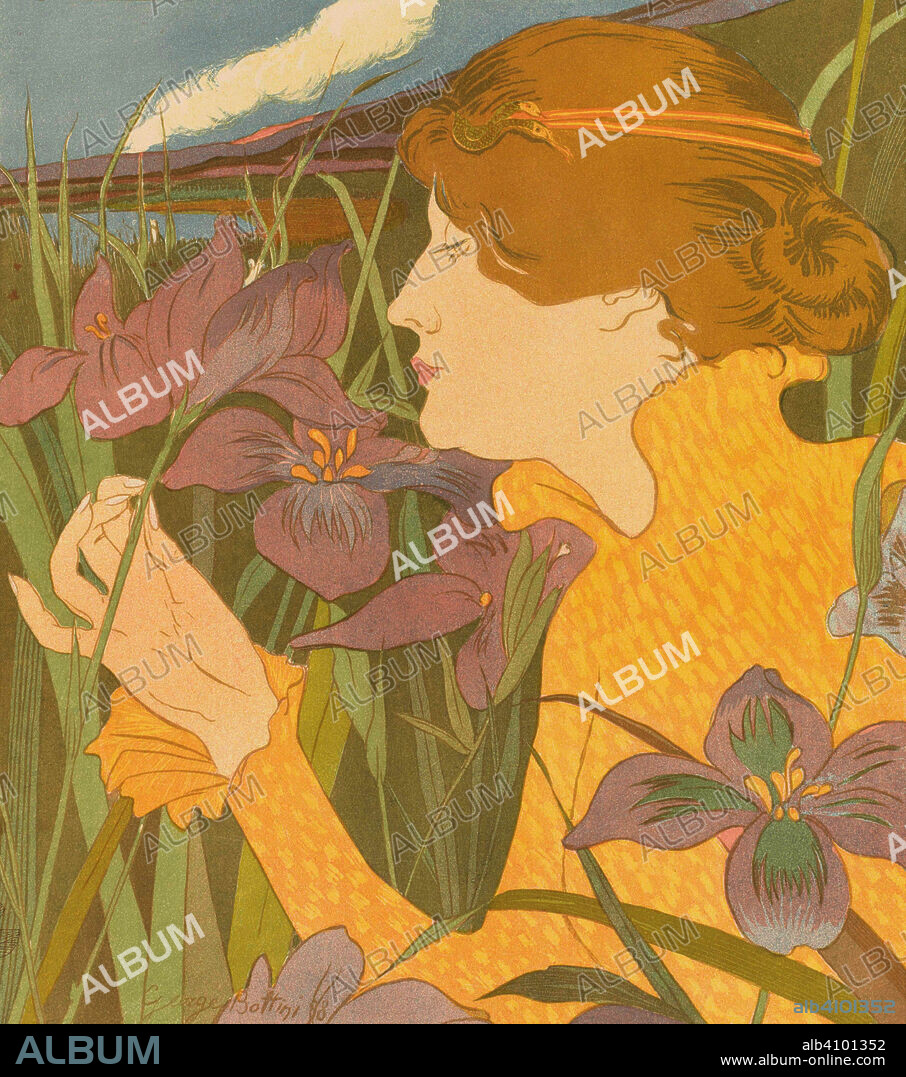 GEORGES ALFRED BOTTINI. Woman with Iris (La femme aux iris). Dimensions: 50.5 cm x 37.9 cm, 38 cm x 33.1 cm.
