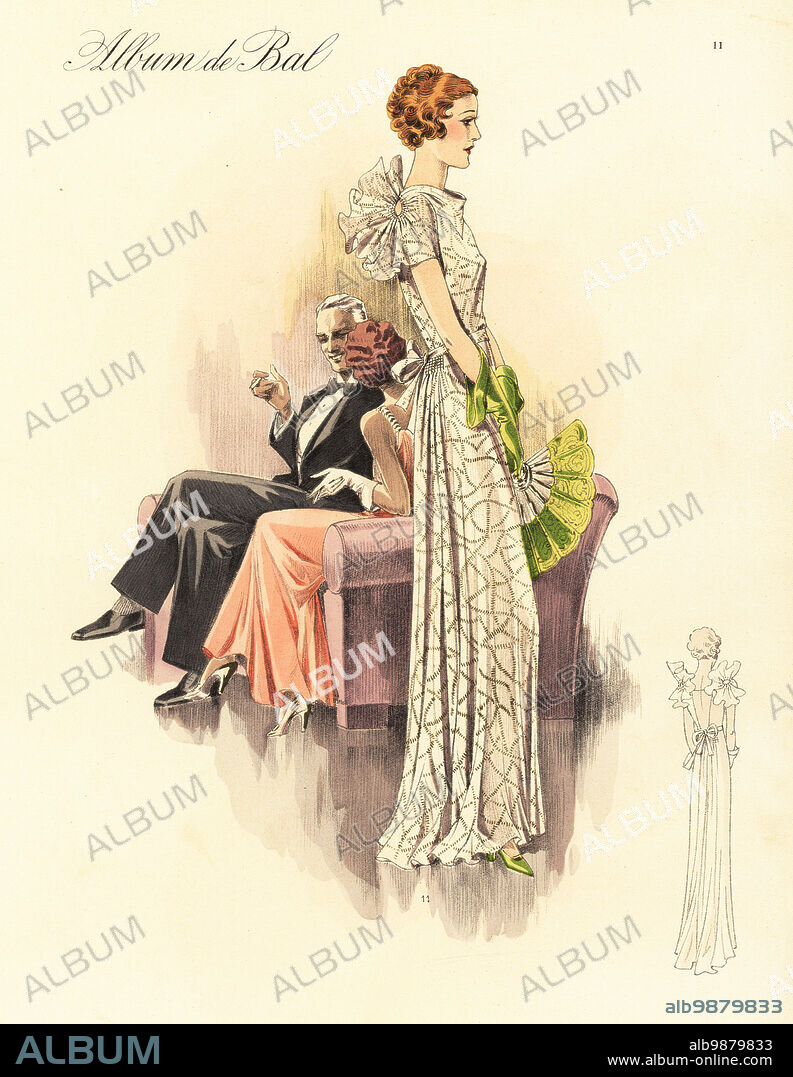 Youthful dancing frock in taffetas. Shirred wings, offstanding enclosure in front, tied taffetas belt, shirred skirt back. Pochoir lithographic fashion plate of an elegant ball gown from Album de Bal, Winter 1935, a special edition of the fashion magazine Chic Parisien, published by Atelier Bachwitz, Vienna, Austria, 1935.