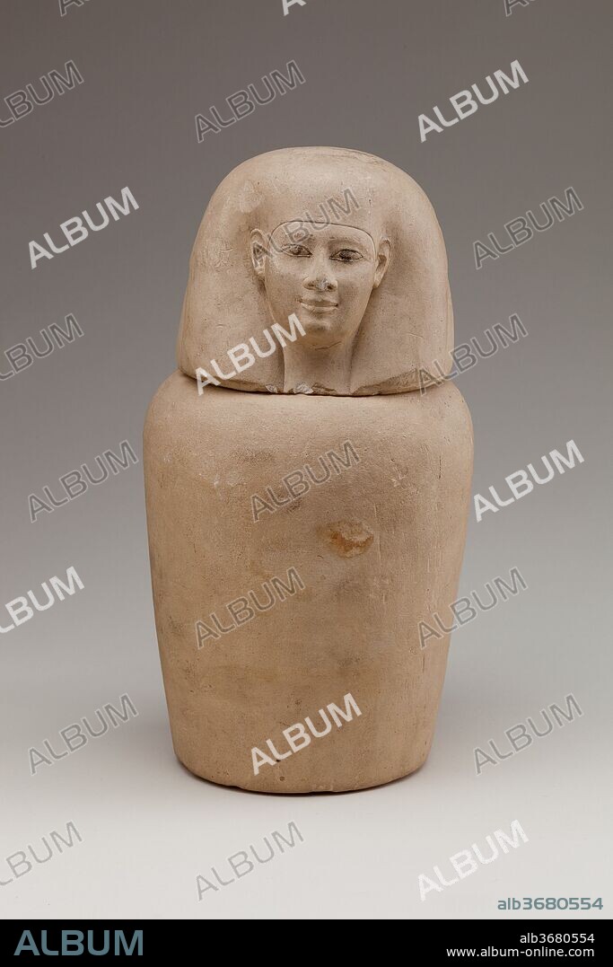 Canopic Jar Representing the Deity Imsety. Dimensions: H. 28 cm (11 in); diam. 15.5 cm (6 1/8 in). Dynasty: Dynasty 18-20. Date: ca. 1550-1070 B.C..
Canopic jars were made to contain the organs that were removed from the body in the process of mummification: the lungs, liver, intestines, and stomach. Each organ was protected by one of the Four Sons of Horus: Hapy (lungs), Imsety (liver), Duamutef (stomach), and Qebehsenuef (intestines). Beginning in the New Kingdom, canopic jar lids were usually carved with heads that identify these four protectors: the baboon head is Hapy, the human head is Imsety, the jackal head is Duamutef, and the falcon head is Qebehsenuef.
This jar, with its human-headed lid probably held the liver and was under the protection of Imsety. The other three jars of the set are 12.183.1b-d.