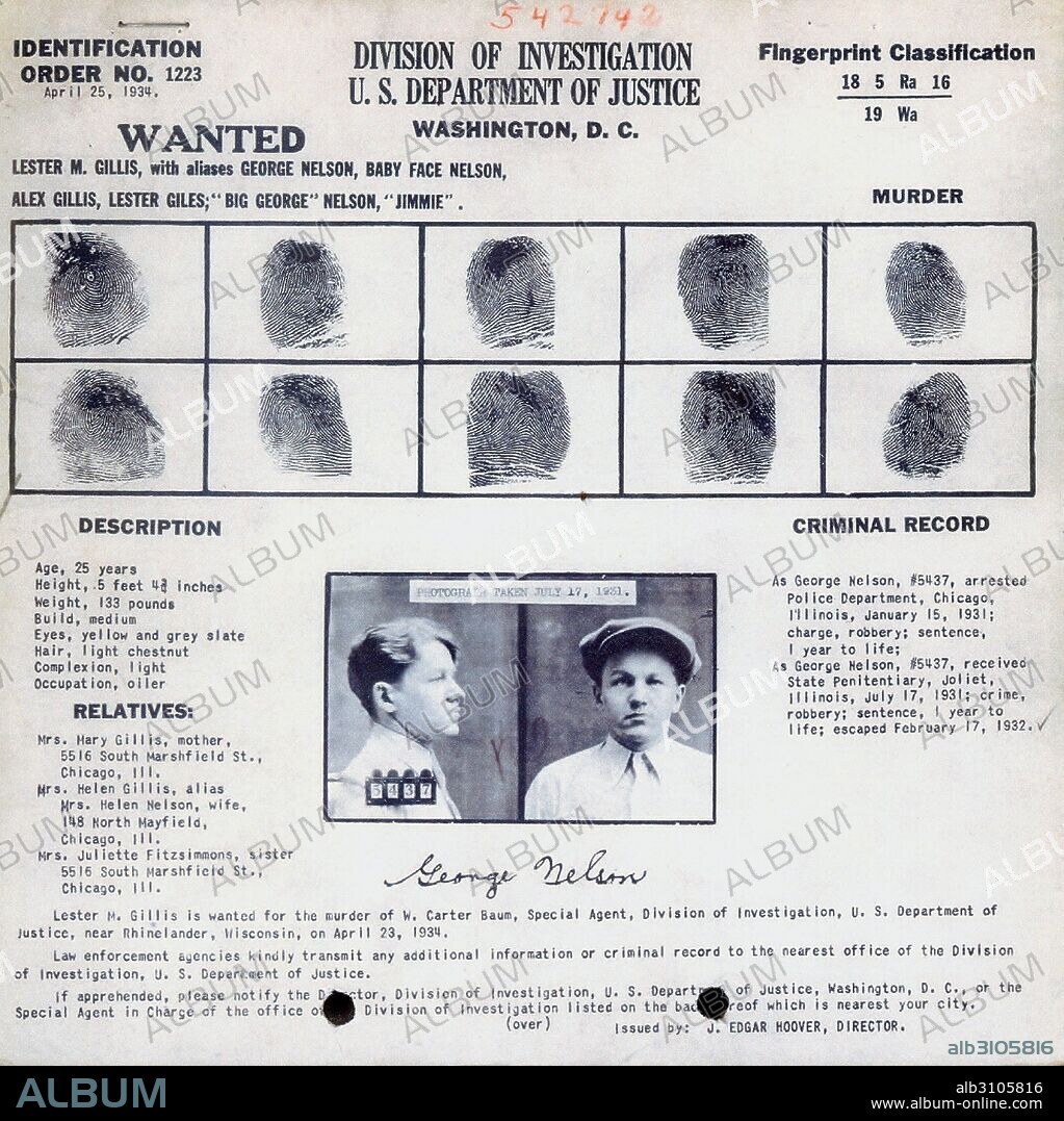Fingerprints and photo of Lester Joseph Gillis (December 6, 1908 - November 27, 1934), knows under the pseudonym George Nelson, was a bank robber and murderer in the 1930's. Gillis was better known as Baby Face Nelson, a name given to him due to his youthful appearance and small stature. Usually preferred to by criminal associates as "Jimmy", Nelson entered into a partnership with John Dillinger, helping him escape from prison in the famed remaining gang members as public enemy number one.