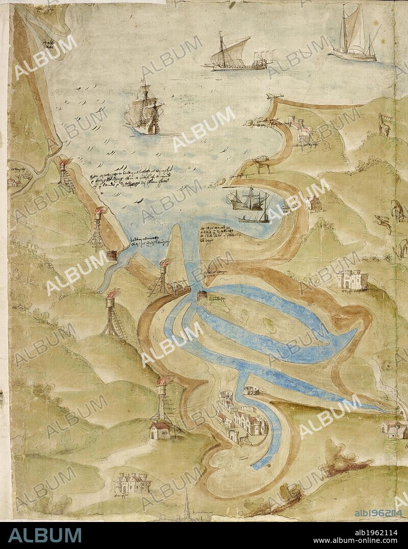 Map of Mount's Bay in Cornwall. Coastline. Sand flats and sheltered estuary and bay. Ships. . A Large colored chart of Mountâ€™s Bay, in Cornwall. Cornwall, drawn c. 1540. A Large colored chart of Mountâ€™s Bay, in Cornwall, drawn c. 1540. . Source: Cotton Augustus I. I 31-33 (detail). Language: English.