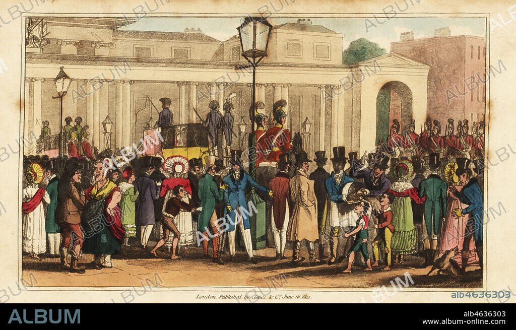 Regency dandies having their pockets picked by street urchins while watching a parade to honour King George IV on the Mall. Carriages with liveried servants and dragoons. The Kings Levee. Tom and Bob satisfying their curiosity at the expense of their pockets. Handcoloured copperplate engraving from Real Life in London, or, the Further Rambles and Adventures of Bob Tallyho, Esq. and His Cousin The Hon. Tom Dashall, through the Metropolis, Jones, London 1821. Anonymous imitation of Pierce Egans Life in London.