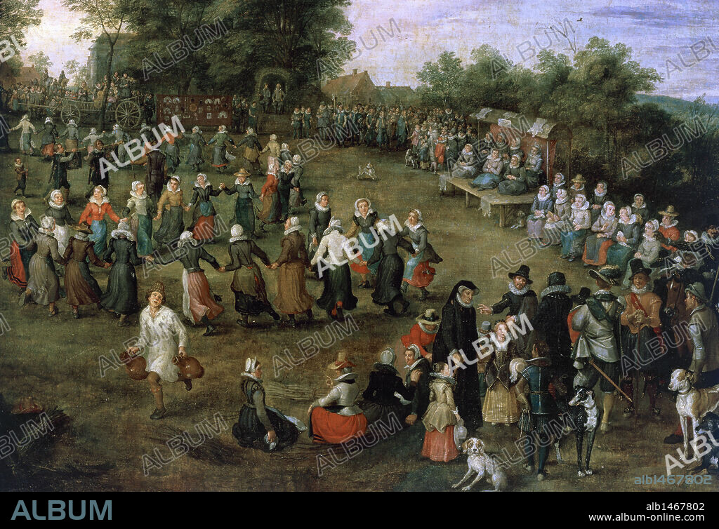 ARTE RENACIMIENTO. FLANDES. BRUEGHEL DE VELOURS, Jan (Bruselas, 1568-Amberes, 1625). Pintor de la escuela flamenca. "BAILE CAMPESTRE ANTE LOS DUQUES". Detalle. En un campo los Archiduques Isabel Clara Eugenia y Alberto sentados bajo un árbol, acompañados de damas y caballeros presencian danzas populares (1623). Lienzo (1,30 x 2,66 m). Museo del Prado.