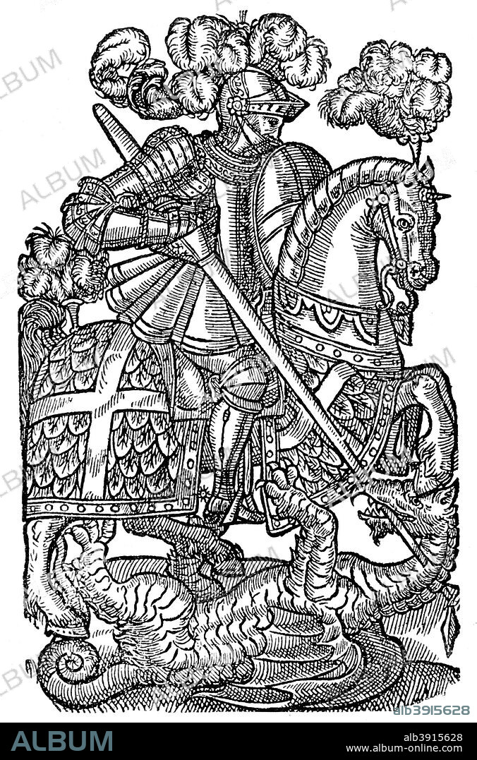 The Redcrosse Knight, 1598, (1893). From The Faerie Queene, the epic poem by Edmund Spenser, third edition, 1598. An illustration from A Short History of the English People, by John Richard Green, illustrated edition, Volume II, Macmillan and Co, London, New York, 1893.