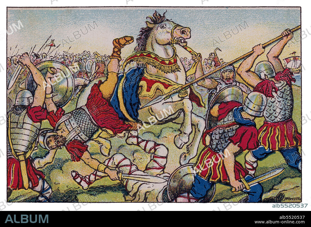 ALBERT MESTRE MORAGAS. Historia de Catalunya. Dominación goda. Muerte de Amalarico (502-531), rey de los visigodos, en Barcino asesinado por sus propios hombres tras la derrota ante los francos al mando del rey Childeberto I. Cromo de Xacolata Juncosa. Año 1932.