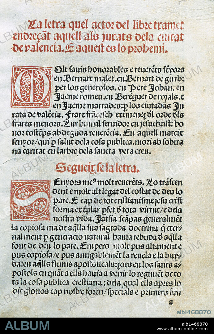LITERATURA CATALANA. S. XIV. EIXIMENIS, Fra Francesc (Girona, 1327-Perpiñán, 1409). Escritor, teólogo franciscano y político. "REGIMENT DE LA COSA PUBLICA". Prólogo. Folio I. Incunable.