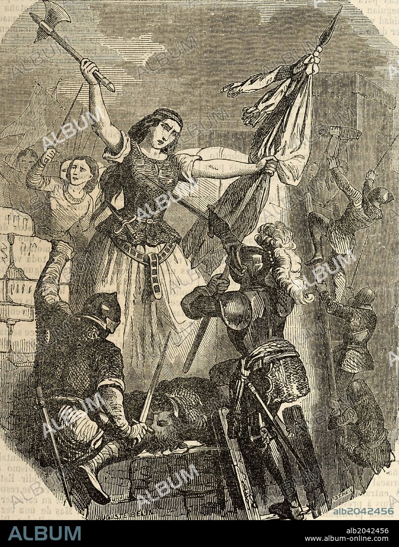 Jeanne Hachette (b.1456). French heroine. Jeanne Hachette during the Beauvais site, June 27, 1472. Engraving by Pothey. Popular Universal Library Editions, 1851.