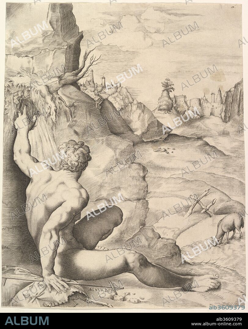 John the Baptist in the Wilderness. Artist: Giulio Sanuto (Italian, active 1540-88); Principal figure after fresco by Daniele da Volterra (Daniele Ricciarelli) (Italian, Volterra 1509-1566 Rome). Dimensions: sheet: 15 3/16 x 12 1/16 in. (38.5 x 30.7 cm) trimmed to platemark. Former Attribution: Formerly attributed to Battista Franco (Italian, Venice ca. 1510-1561 Venice). Date: ca. 1545-55.