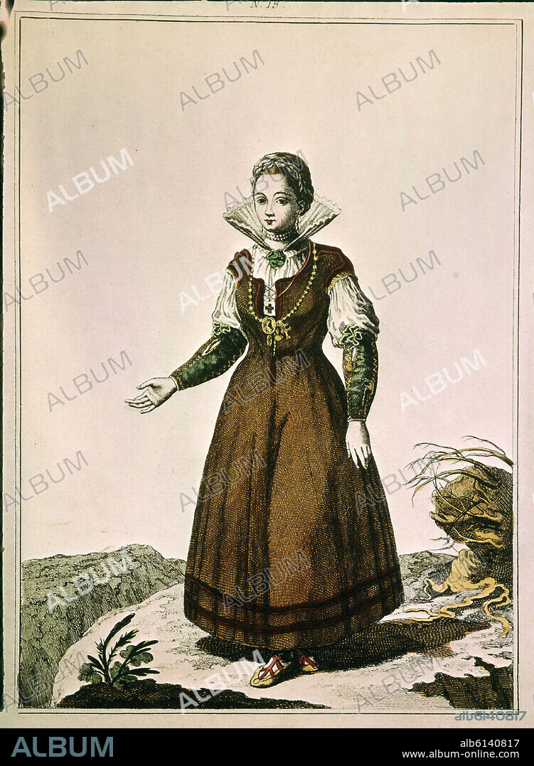 JUAN DE LA CRUZ CANO Y OLMEDILLA. COLECCION DE TRAJES DE ESPAÑA-1777-MUJER DE ARAGON-GRABADO S XVIII-TIPOS POPULARES.