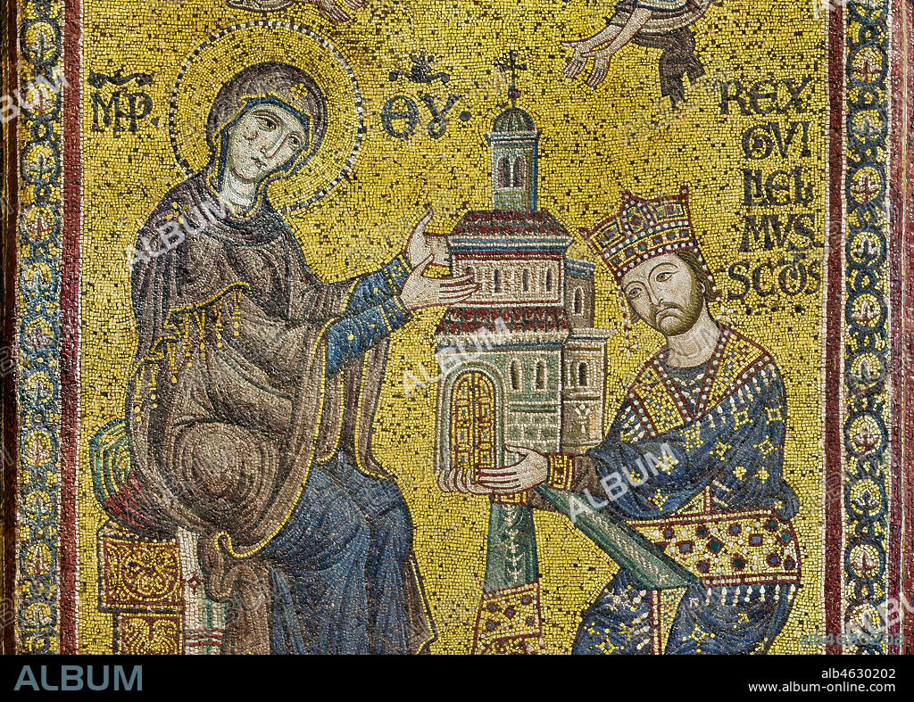 Monreale Cathedral, transept: the Byzantine mosaic which depicts King William II offering the Cathedral to the Virgin Mary. Detail.. The mosaics of the Cathedral were made between the twelfth and mid-thirteenth century by partly local and partly Venetian workers, trained at the Byzantine school.