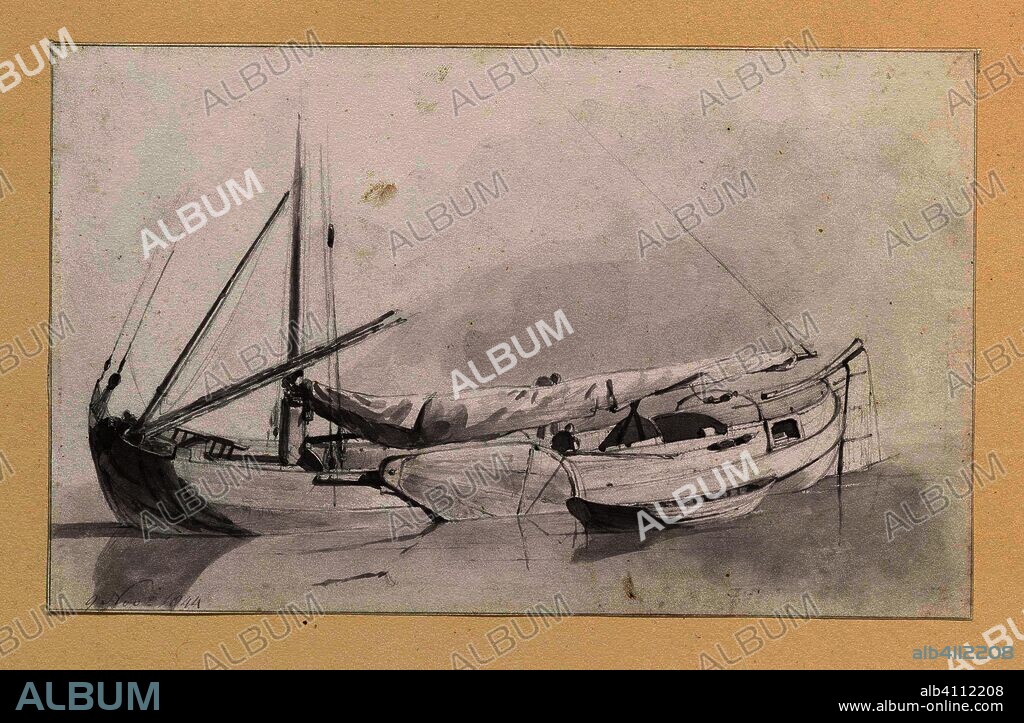 Sailing ship with a sloop alongside. Draughtsman: Hendrik Abraham Klinkhamer. Dating: 9-Nov-1844. Measurements: h 120 mm × w 194 mm.