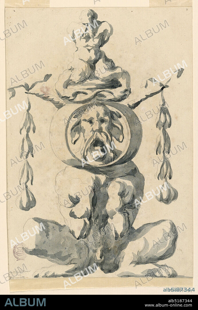 Grotesque Figure, Filippo Marchionni, Italian, 17321805, Pen and ink on paper, Panel decoration. A kneeling male figure sits on top of a larger sculpture of a squatting male figure., Italy, 15501625, ornament, Drawing, Drawing.