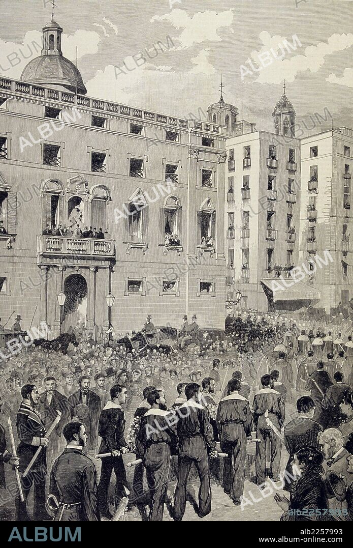 BARCELONA. ENTIERRO DEL MARQUES DE COMILLAS EN LA PLAZA DE LA CONSTITUCION. ILUSTRACION ESPAÑOLA Y AMERICANA , AÑO 1883.