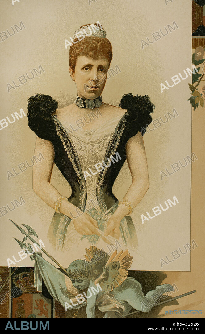 María Cristina de Habsburgo-Lorena (1858-1929). Queen of Spain by her marriage to Alfonso XII (1879-1885). Regent between 1885 and 1902, during the minority of her son Alfonso XIII. Portrait. Chromolithography. "Historia General de España" (General History of Spain) by Miguel Morayta. Volume IX. Madrid, 1896.