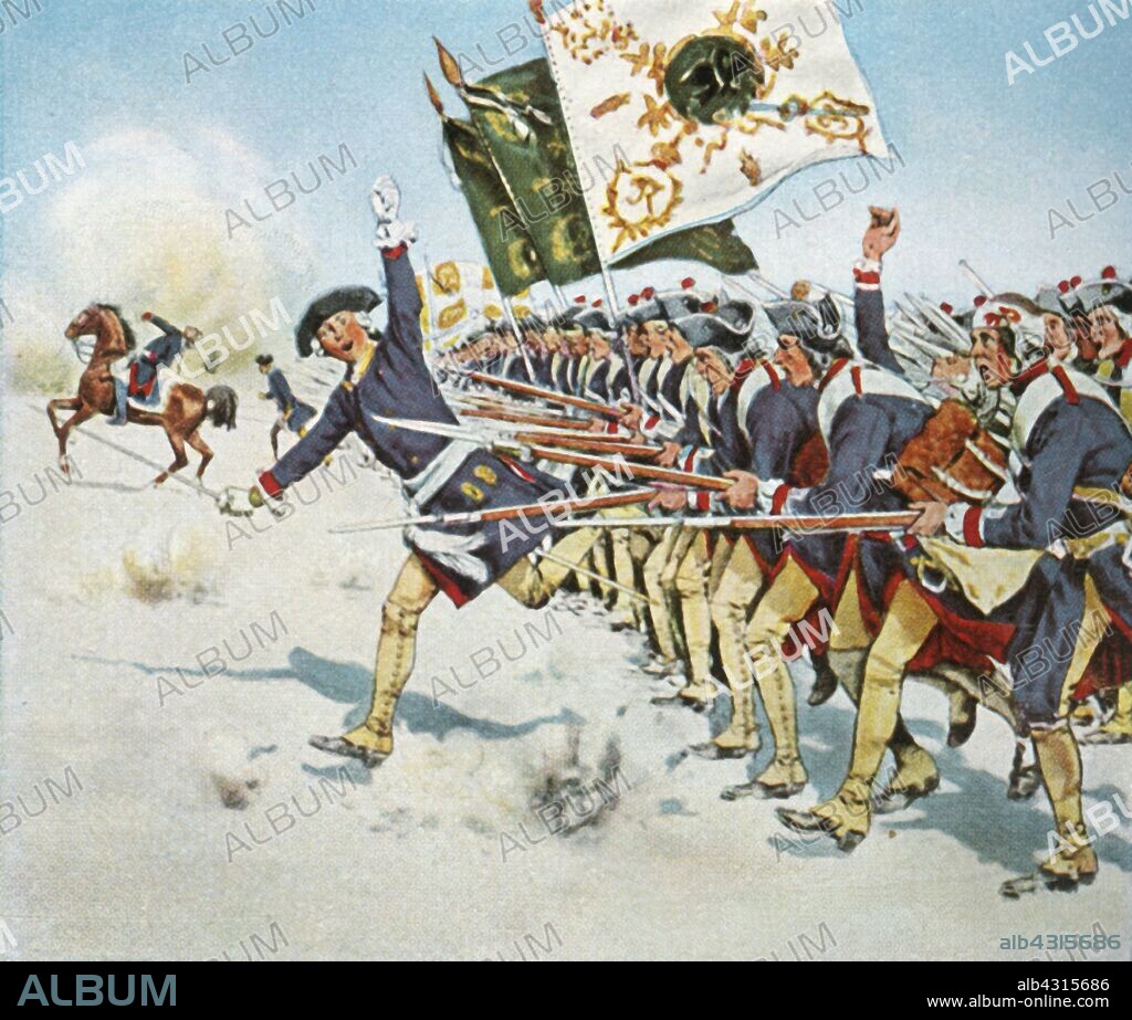 The battle of Mollwitz, 11 April 1741, (1936). 'Die Schlacht Bei Mollwitz. 11 April 1741'. The battle was fought at Mollwitz, Silesia, (now Malujowice, Poland). Prussian forces under the young King Frederick II managed to attain victory over Austria despite numerous military blunders by both sides. From "Bilder Deutscher Geschichte", (Pictures of German History), No.12, cigarette card album. [Cigaretten-Bilderdienst, Altona-Bahrenfeld, Hamburg, Germany, 1936].