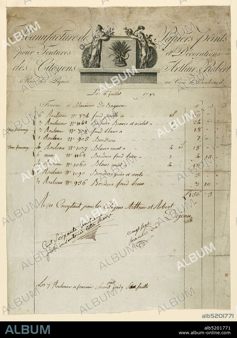 Wallpaper Invoice for the firm of Arthur et Robert, Arthur & Robert, Monsieur de Bagneur, Louis-Charles Ruotte, 1754 ca. 1806, Engraving with etching, pen and brown, black ink Support: white laid paper, Bill from wallpaper firm of Arthur et Robert listing wallpaper consigned to 'Monsieur de Bagneur,' 6 July 1793; 9 different serial numbers of wallpaper are listed. Below, is written: 'Recu Comptant pour les Citoyens Arthur et Robert' and signed 'Dejeail.' Attached to the bill on the back is a scrap with notes referring to a bed and other furniture. Bill head reads: Manufacture de Papier peint pour Textures et Decorations des Citoyens Arthur et Robert. Rue des Piques au Coin de Boulevard.', Paris, France, 1793, ephemera, print/drawing, print/drawing.