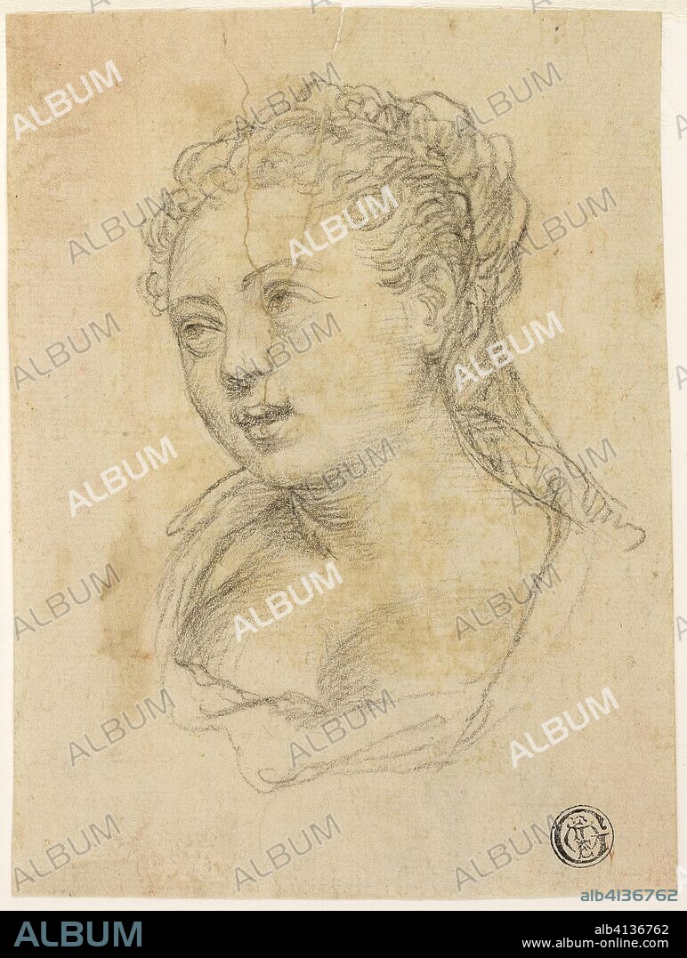 Woman's Head (recto); Sketch of Arm and Hand (verso). Follower of Paolo Veronese; Italian, 1528-1588. Date: 1590-1596. Dimensions: 144 x 108 mm. Black chalk (recto and verso) on cream laid paper, partially laid down on ivory laid paper. Origin: Italy.