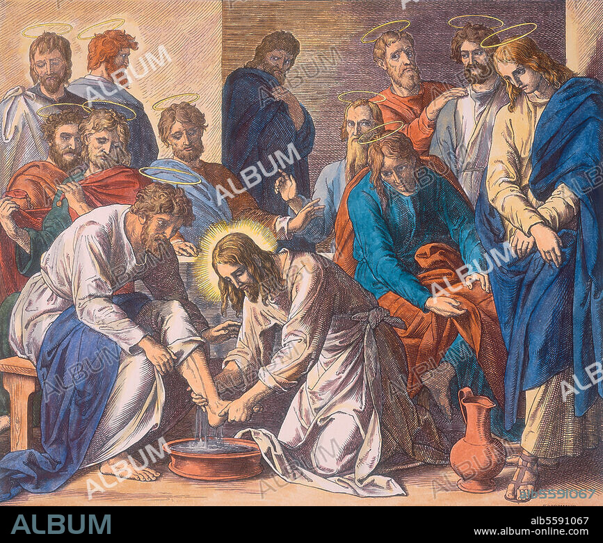 JULIUS SCHNORR VON CAROLSFELD. Schnorr von Carolsfeld, Julius 1794-1874. "The Washing of the Feet". John 13,2-5. Woodcut, coloured at a later stage. Fr.: Die Bibel in Bildern. Leipzig (Georg Wigand) 1860, Bl. 206. Berlin, Sammlung Archiv für Kunst und Geschichte.