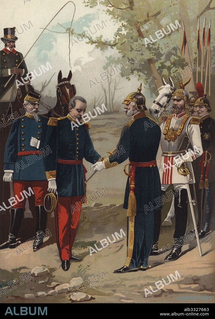Historia. Guerra franco-prusiana. Rendición de Napoleón III Bonaparte (1808-1873), emperador de Francia, ante el canciller alemán Otto von Bismark (1815-1898) después de la batalla de Sedán en 1870. Grabado de 1896.