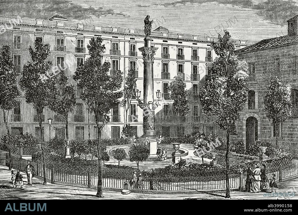 Barcelona. Cataluña, España. Vista de la Plaza del Duque de Medinaceli, con el monumento central a A. Galceran Marquet, 1851. Grabado. Crónica General de España, Historia Ilustrada y Descriptiva de sus Provincias. Cataluña, 1866. Biblioteca Histórico Militar de Barcelona. Cataluña, España.
