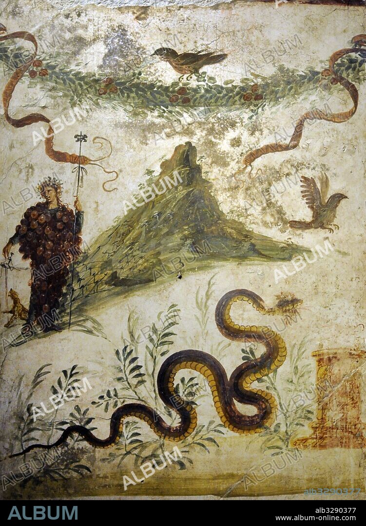 Dionisio con un racimo de uvas. Al fondo, el monte Vesubio. Fresco romano. 62-79. Casa del Centenario, Pompeya. Museo Arqqueológico Nacional. Nápoles. Italia.