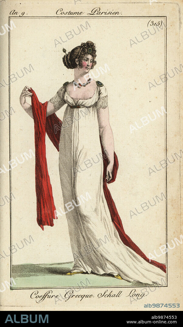 Fashionable woman or Merveilleuse in ancient Greek hairstyle, 1801. Her hair is braided in the ancient style, she wears a low-cut, bosom revealing dress with short lace sleeves, and a very long shawl. Coeffure Grecque. Schall Long.