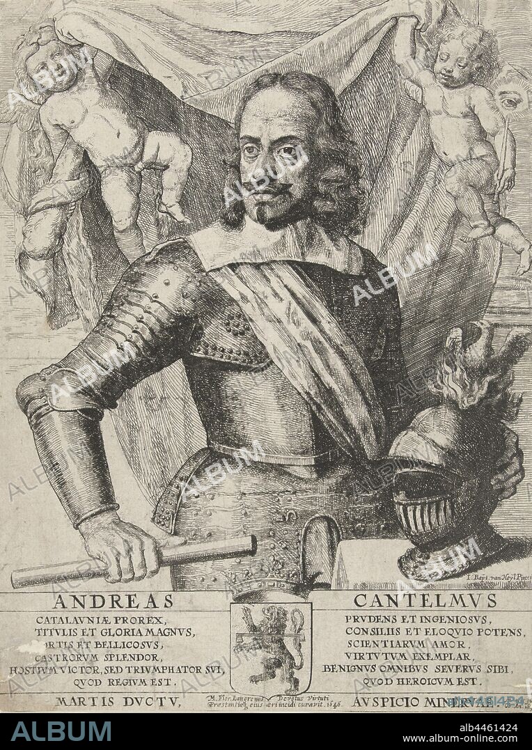 Portrait of Don Andrea Cantelmo, Half-length portrait of Italian general Don Andrea Cantelmo with his left hand resting on a helmet and his right hand feeling like a command staff. Behind him two putti are holding a canopy, one with a club in their hands and one with a staff with the eye as a symbol of God the Father. Below the portrait are name and family crest and two columns with six lines in Latin., Helmet, armor, angel (s) represented as child (s), the all-seeing eye, triangle with eye, symbol of God the Father, Don Andrea Cantelmo, Leo van Heil, 1646, paper, etching, h 258 mm × w 194 mm.
