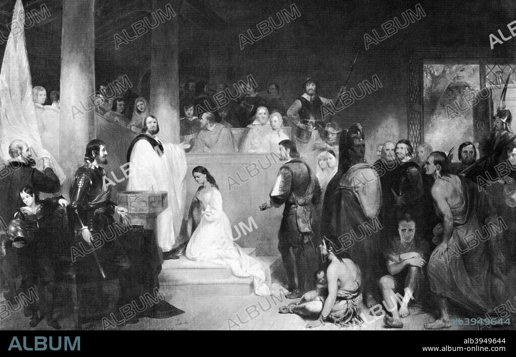 The Baptism of Pocahontas at Jamestown, Virginia, 1613, (1840). A 19th-century representation of Pocahontas (c1595-1617) being converted to Christianity before her marriage to Englishman John Rolfe. Pocahontas, a Native American princess, was baptised Rebecca by Anglican minister Alexander Whiteaker. She and the priest are depicted in white, symbolising the 'purity' of Christianity. Pocahontas came to London and was presented at the court of King James. Unfortunately, she fell ill on the return journey to Virginia and died before her ship had left the River Thames.