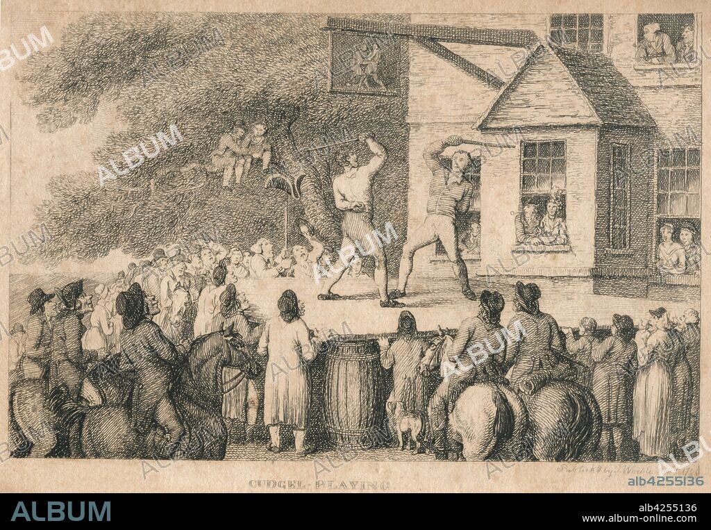 'Cudgel Playing', 1799. Crowds outside a pub watching men fighting with long sticks. The competitors hold one hand behind their backs as they fight on a makeshift stage supported on beer barrels.  [J. Wheble, London, 1799].