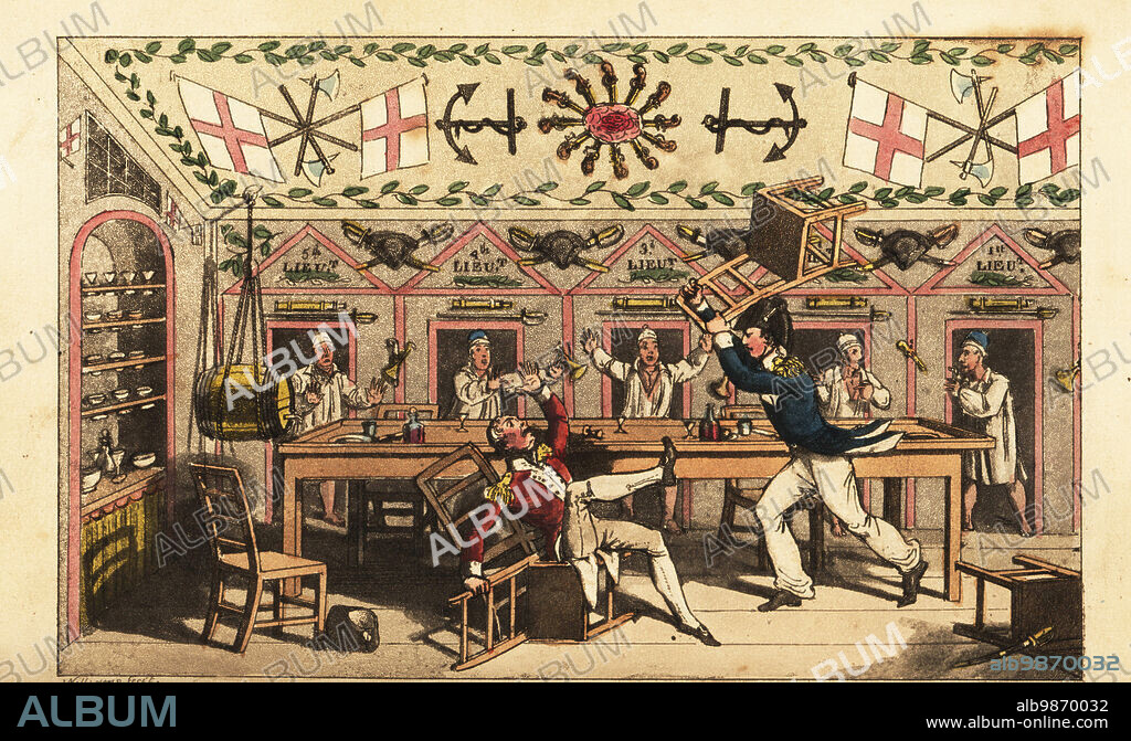 Lt. Newcome attacking Captain Clackit with a chair while other officers in nightgowns emerge from their cabins, HMS Victory. Clackit had stabbed Newcome with his sword. The officers ward room decorated with pistols, anchors, flags, swords, spyglasses and a barrel of grog. The Ward Room. Newcome and Capt. Clackit. Handcoloured copperplate engraving after an illustration by Charles Williams from John Mitfords Adventures of Johnny Newcome in the Navy, London, 1819.