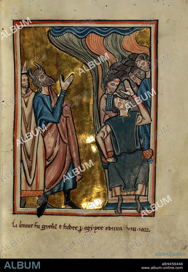 Illuminated Manuscript, Bible Pictures by William de Brailes, The Seventh Plague of Egypt Hail, A volume comprising twenty-four leaves of Bible Pictures by W. de Brailes, an English artist active in Oxford in the middle of the thirteenth century. Seven leaves from the same set of images are now in the Musee Marmottan in Paris. These 31 leaves are all that remain of an image cycle that once contained at least 98 miniatures, and which was the longest cycle of Bible miniatures surviving from the thirteenth century in England. In all probability these Bible Pictures were actually prefatory matter to a Psalter, now Stockholm, National Museum, Ms. B.2010. De Brailes also composed and wrote the captions that accompany many of the images. W. de Brailes is one of only two English artists of the thirteenth century whose name we can associate with surviving works. 11 manuscripts have been identified that contain miniatures in his hand. De Brailes has a quirky and chatty style, and he was extremely gifted at turning Bible Stories into paint.