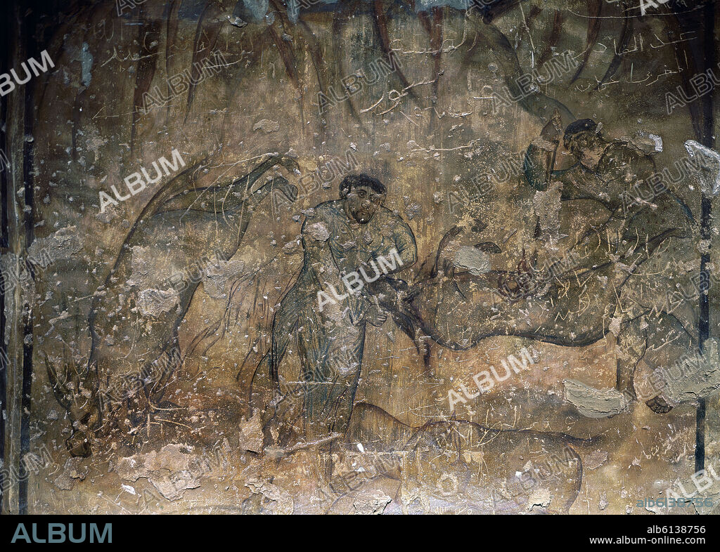 SANGRIA DE LOS ONAGROS TRAS SU CACERIA Y MATANZA SITUADA EN EL TESTERO DE LA NAVE IZQUIERDA - FRESCOS OMEYAS DEL CASTILLO DE QUSEIR AMRA - SIGLO VIII.