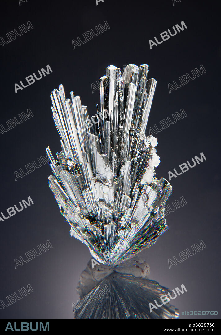 Shiny cluster of stibnite crystals, sometimes called antimonite. Stibnite is a sulfide mineral and ore of antimony.