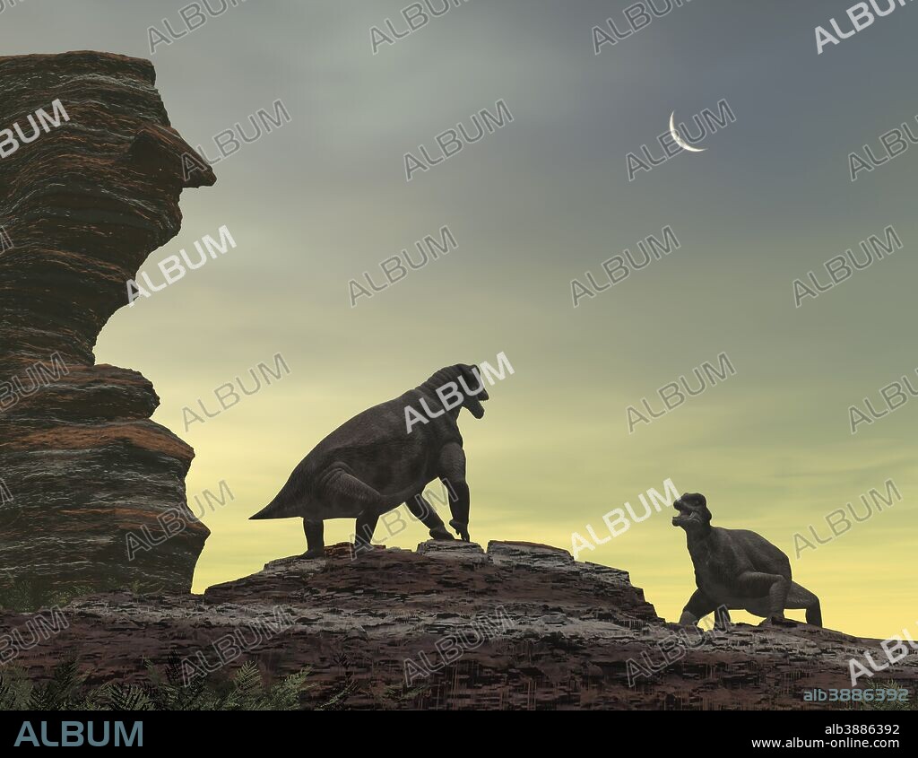 Two giant Moschops face off on a sandstone mesa 250 million years ago in what is today the Karoo region of South Africa.. . Moschops was not a dinosaur, rather it was a mammal-like reptile that, like Dimetrodon, was more closely related to mammals than to true reptiles such as lizards. Moschops was a heavily-built, 4-legged herbivore that grew up to 16 feet long.