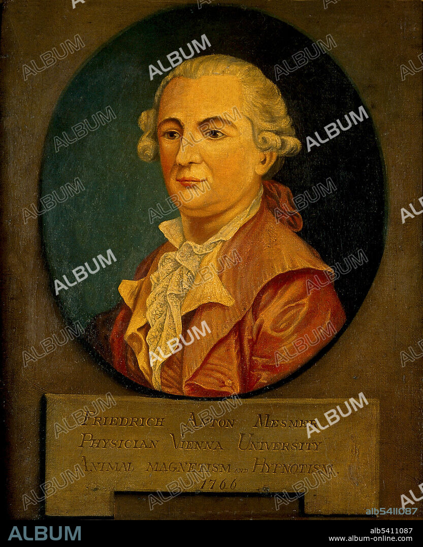 Franz Friedrich Anton Mesmer (May 23, 1734 - March 5, 1815) was a German physician with an interest in astronomy, who theorized that there was a natural energetic transference that occurred between all animated and inanimate objects that he called animal magnetism, sometimes later referred to as mesmerism. Mesmerism is considered to be a form of vitalism and shares features with other vitalist theories that emphasize the movement of life "energy" through distinct channels in the body. There were those who thought he was a charlatan and others who believed he had made a great discovery. Mesmer tried and failed to get either the Royal Academy of Sciences or the Royal Society of Medicine to provide official approval for his doctrines. In 1779, he wrote an 88-page book entitled: Mémoire sur la découverte du magnétisme animal, to which he appended his famous 27 Propositions that outlined his theory. In 1784 King Louis XVI appointed commissioners to investigate animal magnetism. The commission concluded that there was no evidence for mesmerism and whatever benefit the treatment produced was attributed to imagination. Mesmer lived to be 80 years old. Oil painting, no artist credited, undated.