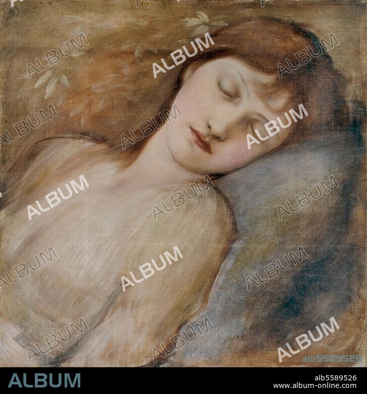 EDWARD BURNE-JONES. Burne-Jones, Edward; 1833-1898. "The Sleeping Princess" (Die schlafende Prinzessin), undat. (Studie für den Dornröschen-Zyklus in Buscot Park; als Modell diente Margaret, die Tochter des Künstlers). Öl auf Leinwand, 51 × 51 cm. Kunsthandel London, Sotheby's, 19. Juni 1991, Lot 149.