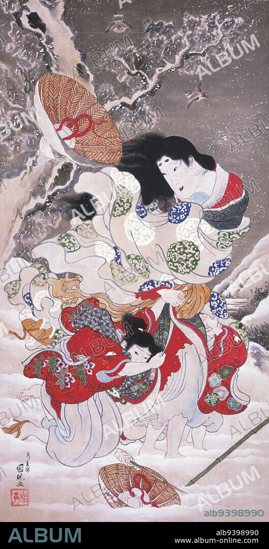 Lady Tokiwa Fleeing with Children, 1850s, Utagawa Kunitsugu