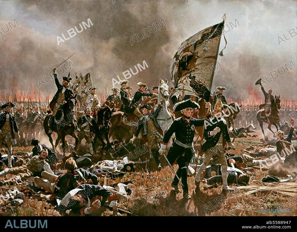 CARL ROECHLING. Frederick II (the Great), King of Prussia, 1712-1786. Frederick the Great in the Battle of Zorndorf (Seven Year War, 25.8.1758). Painting by Carl R|chling, 1904.